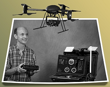 Some guy (ok, it's me) flying a Draganfly X6 indoors. Photo credit: Frank Baratta / Sooter Studios. 3D effect by Rob Chandler.